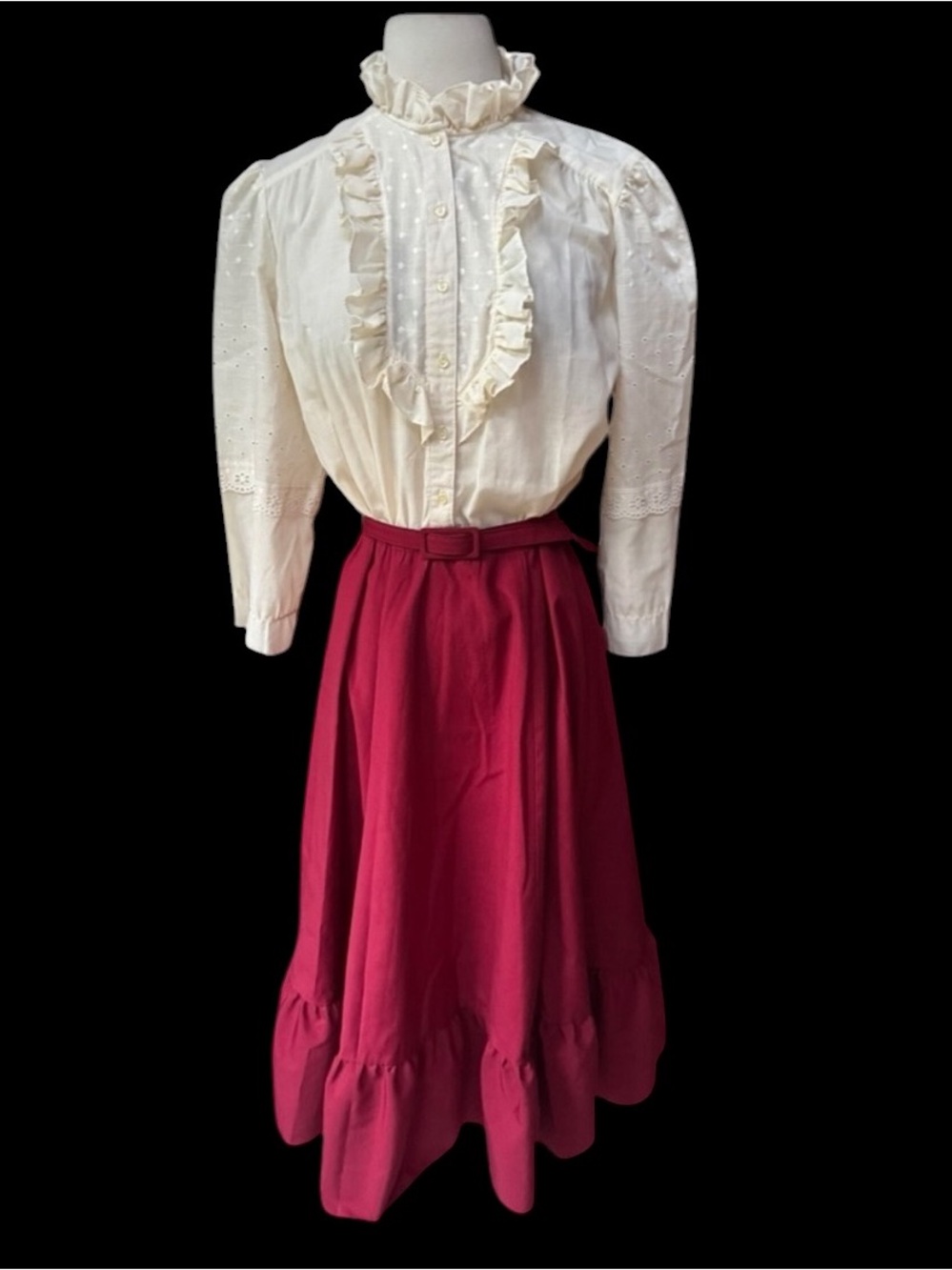 1970s Victorian/Prairie‎ Cotton Blend, Eyelet, High Ruffle Neck & Ruffle Placket